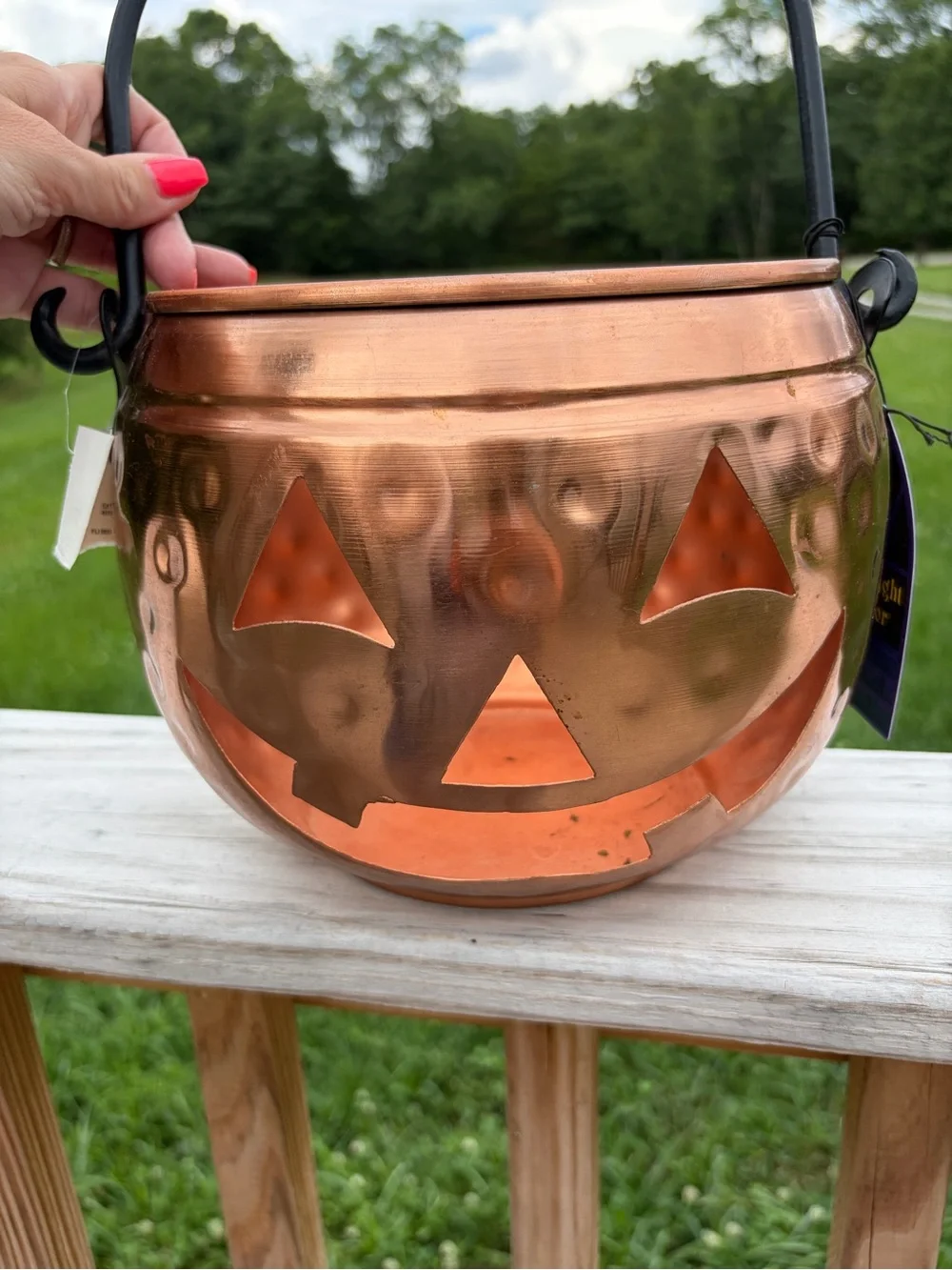 Moonlight Manor 7 x 8in Hammered Metal Copper Color BUCKET JACK O LANTERN NWT